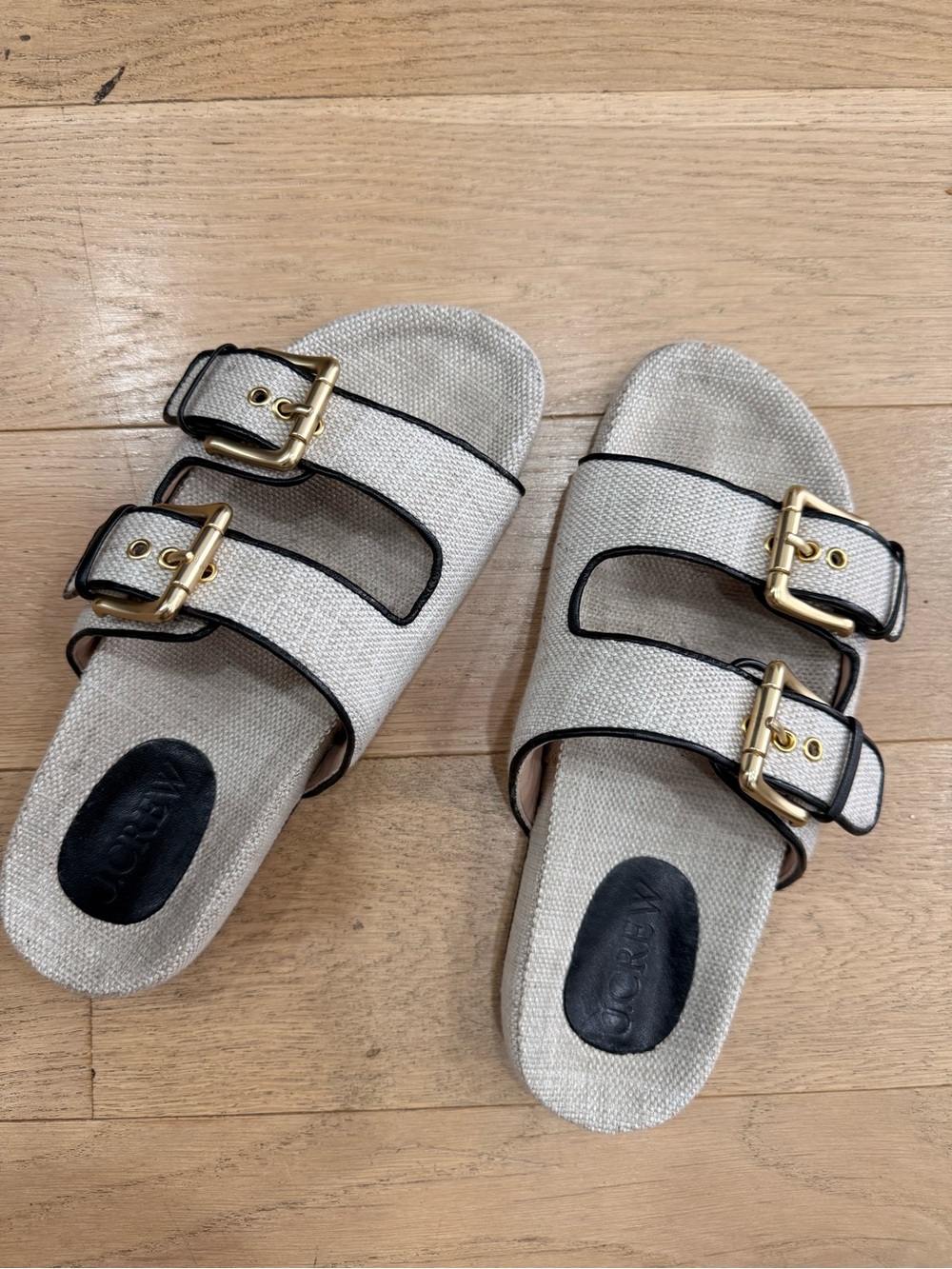 J. Crew Marlow Sandals in Canvas (Double-Buckle Slide Sandals with Gold Buckle)
